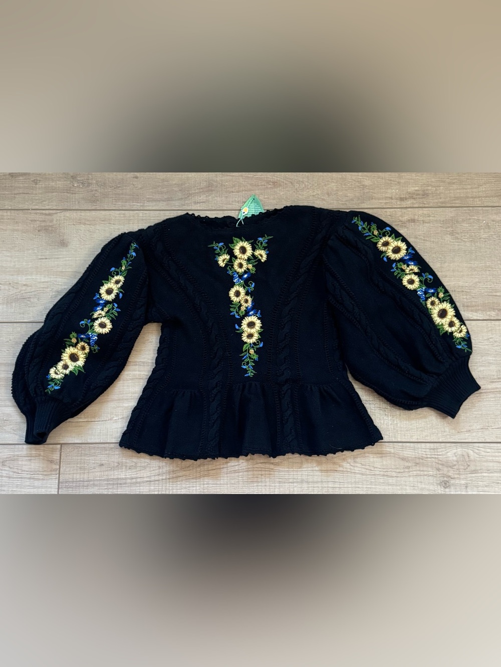 Farm Rio Black Embroidered Sunflower Cable Knit Peplum Sweater Top NWT Medium - Picture 3 of 13